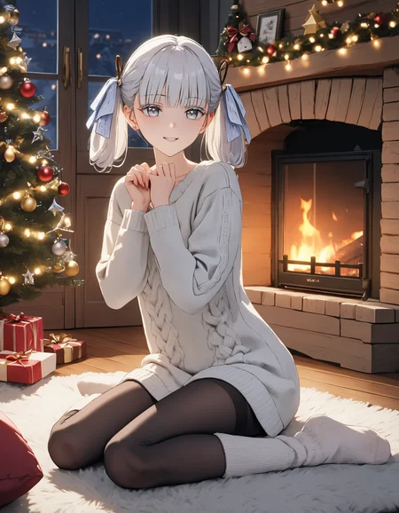 masterpiece, best quality, 8K, very aesthetic, UHD, volumetric lighting, natural lighting, highly detailed, intricate details, 1girl, casual outfit, home clothes, white oversized wool sweater, tights, wool socks, twintails, white eyelashes, white hair, white eyes, cute smile, lifelike female body, perfect female body shape, narrow waist, sitting on a rug, leaning forward, dim light, christmas decorations, fireplace, night, cozy wooden house, <lora:Jinhsi_V1.11:0.7>