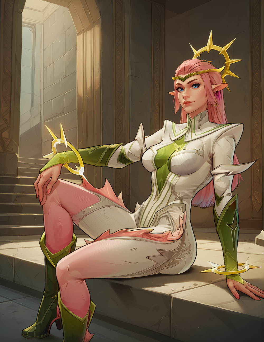 score_9, score_8_up, score_7_up, score_6_up, 1girl, Dagg3rGrowth, 2d, masterpiece, detailed, bodysuit, blue eyes, pink thigh fins, pink hair, long hair, breasts, bracelets, circlet, pointy ears, green high heels, boots, sexy, hand on knee, looking at viewer, cowboy shot, legs together, knees, sitting, <lora:Dagg3rGrowth:0.8>