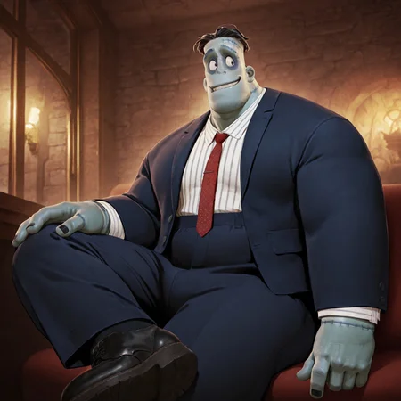 masterpiece, best quality, absurdres, newest, perfect quality, best quality, absolutely eye-catching, detailed background, intricate details, bara, 1boy, male, male focus, solo, smirk, looking away, mature, colored skin, green skin, patchwork skin, black hair, short hair, middle part, stiches, stiches on forehead, stiches on hands, black nails, white shirt, stripped shirt, overalls, red tie, blue blazer, blue pants, black shoes, bara, muscular, large pectorals, large biceps, belly, side view, very awa, best quality, absurdres, newest, perfect quality, detailed background, intricate details, (artist:rokudenashi:0.8), (artist:dizdoodz:0.7), (artist:gomtang:0.6)