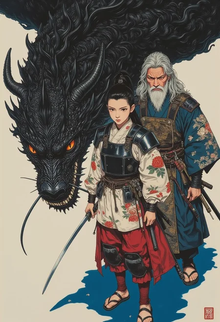pingtu style, illustration-fen, This is a digital illustration, straight shot, a girl wearing Japanese ninja attire with intricate floral patterns. Her pale-skinned face is framed by a high ponytail, and she has a focused, intense gaze. She wears deep indigo shoulder pads, knee pads, and a finely crafted breastplate with silver detailing, blending elegance with battle-readiness. A katana rests diagonally across her back, its hilt wrapped in crimson fabric. Her lacquered black wooden sandals elevate her poised stance, adding to her formidable presence. Close to her side, slightly behind, stands her master—an old man with long gray hair and a flowing black beard. His attire mirrors the girl's in design but features teal and bronze patterns, representing wisdom and experience. His gaze is steady and commanding, exuding authority. Behind them, a massive obsidian titan dragon looms, its head positioned close, with flawless, overlapping scales that shimmer with a velvety luster. Its glowing amber eyes radiate intelligence and power, and its ridged snout, sharp cheekbones, and curved horns give it a regal yet fearsome presence. The dragon’s nostrils flare subtly, and its breath seems to shift the air around it. The floor beneath them is deep sapphire, contrasting with the muted ivory backdrop, intensifying the dramatic composition. The fusion of warrior tradition and mythical grandeur creates a striking, immersive image.