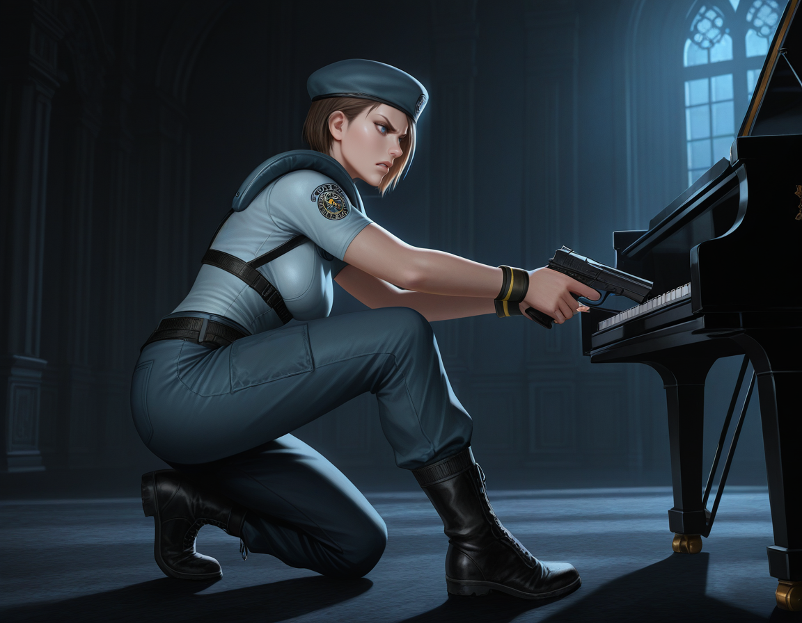 jill valentine, 1girl, beret, blue eyes, breasts, short sleeves, pants, boots, holding pistol, backlighting, from side, night, darkness, indoors, mansion, piano, angry
, masterpiece, best quality, realistic, <lora:IL_RE1Jill_t1-33-64:1>