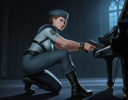 jill valentine, 1girl, beret, blue eyes, breasts, short sleeves, pants, boots, holding pistol, backlighting, from side, night, darkness, indoors, mansion, piano, angry
, masterpiece, best quality, realistic, <lora:IL_RE1Jill_t1-33-64:1>
