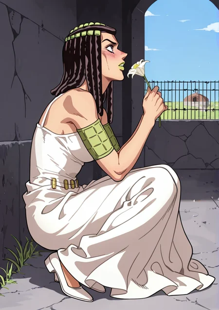 (jojo:0.4), 3rme5, 1girl, ermes costello, solo, dreadlocks, green lipstick, blushing expression, beautiful white wedding dress, full body, holding flowers,  \(jojo\), <lora:Jojos_Bizarre_Adventure_Ermes_Costello_-_IL:0.7> blue sky, grass, in a prison courtyard, high walls with barbed wire, side view, looking up,