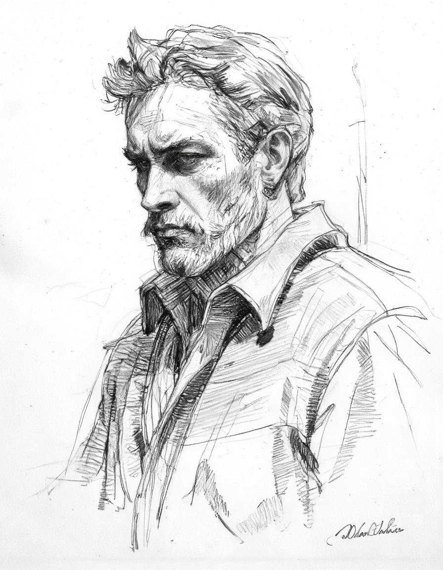 This image is a black and white pencil drawing of a man's head and shoulders, rendered in a realistic, detailed style. The subject is depicted in profile, facing to the left. The man has a rugged, weathered appearance with a prominent, bushy beard and a thick mustache. His hair is styled in a slightly unkempt manner, with a few strands swept back. His eyes are deeply furrowed, conveying a thoughtful or contemplative expression. <lora:Sketch:1>