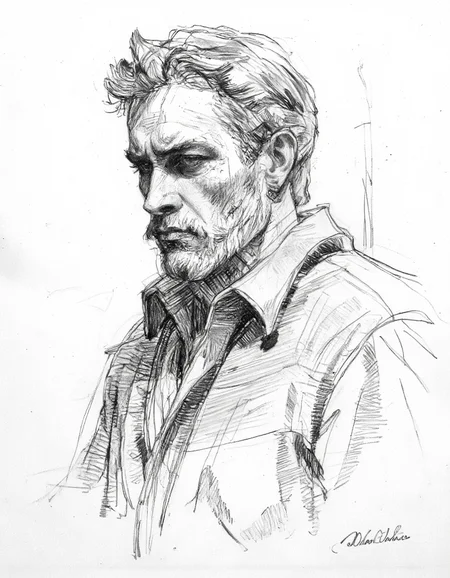 This image is a black and white pencil drawing of a man's head and shoulders, rendered in a realistic, detailed style. The subject is depicted in profile, facing to the left. The man has a rugged, weathered appearance with a prominent, bushy beard and a thick mustache. His hair is styled in a slightly unkempt manner, with a few strands swept back. His eyes are deeply furrowed, conveying a thoughtful or contemplative expression. <lora:Sketch:1>