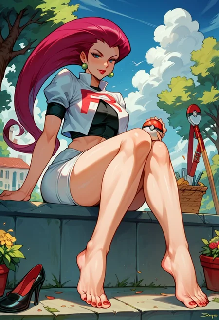 Score_9_up, score_8_up, score_7_up, Jessie (pokemon), outdoors, , head is tilted, looking at viewer, feet to viewer, full body, shoe dangle, shoe dangling off of foot, one foot bare, red painted toenails