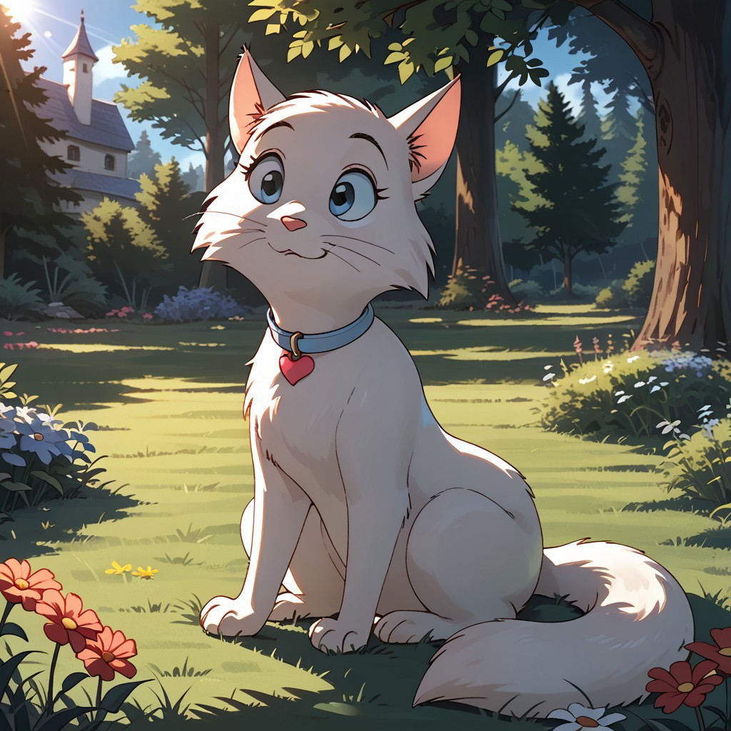 score_9, score_8, score_7, break, solo, maisie_b, cat, furry, collar, heart collar, tail, sitting, grass, flowers, cute, tree, sunlight, shadows, natural lighting