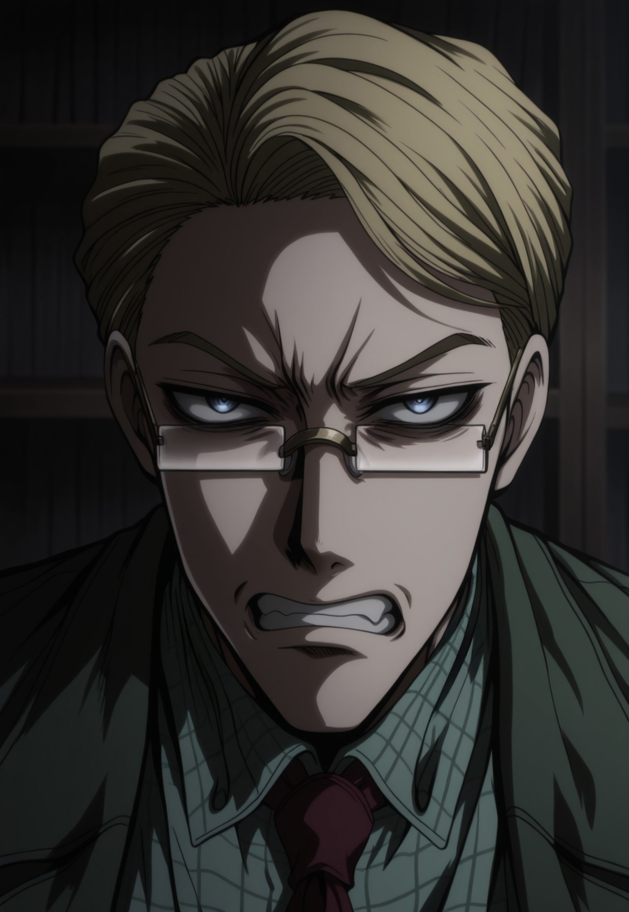 masterpiece, best quality, amazing quality, very aesthetic, absurdres, SirHIslands
1boy, blonde hair, short hair, blue eyes, glasses, rectangular eyewear, green suit jacket, red necktie, white checkered shirt, green vest, annoyed, angry, clenched teeth, dark, indoors, study, perspective, portrait, looking at viewer