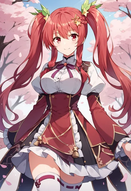 score_9, score_8_up, score_7_up, source_anime,stella vermillion, red hair, red eyes, long hair,twintails,1girl, solo, hair ornament, :3, braid, cherry blossoms, thighhighs, star hair ornament, smile, star (symbol), frills, plaid
