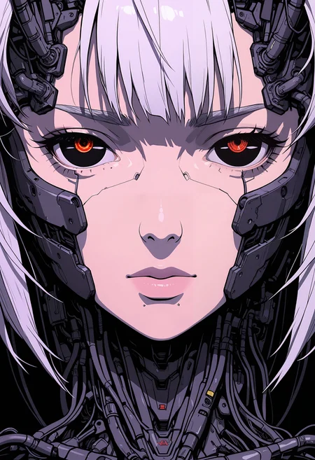 masterpiece, best quality, good quality, very aesthetic, absurdres, newest, 8K, depth of field, focused subject, ghost in the shell aesthetic, monochrome, black and white, line art, sketch style, technical drawing, closeup shot, 1girl, cyborg, gynoid, face focus, segmented face with panel lines, dark vacant eyes, intricate wiring and cables extending upwards from head and neck, exposed mechanical components above cranium, cyberpunk, high contrast black and white background, clinical atmosphere.