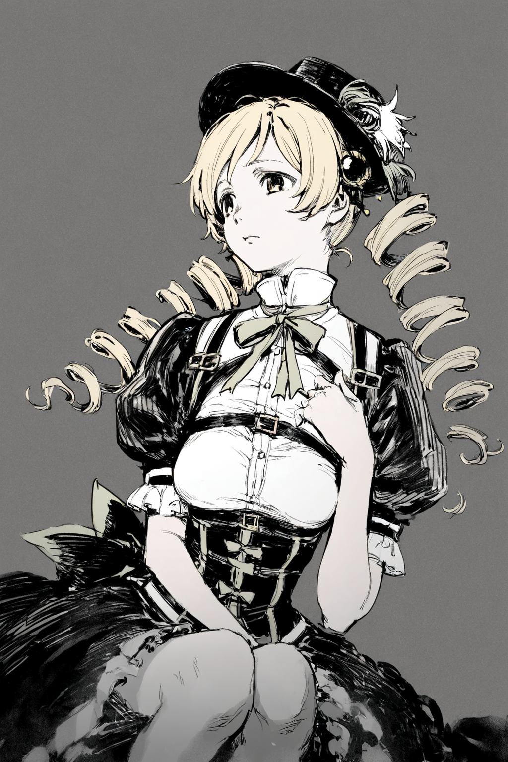 score_9, score_8_up, score_7_up, mahou shoujo madoka magica, tomoe mami, tomoe mami \(magical girl\), black hat, blonde hair, breasts, drill hair, hat, large breasts, medium hair, neck ribbon, parted bangs, puffy short sleeves, puffy sleeves, ribbon, shirt, short sleeves, twin drills, white shirt, yellow eyes, yellow trim, solo, solo focus, cowboy shot, wide shot,dark,detailed background, simple background, Kneeling on the ground, hands raised to the sky, looking grateful and connected to nature., <lora:godiva_bw:1>, (monochrome:1.5), (greyscale:1.5)