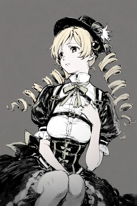 score_9, score_8_up, score_7_up, mahou shoujo madoka magica, tomoe mami, tomoe mami \(magical girl\), black hat, blonde hair, breasts, drill hair, hat, large breasts, medium hair, neck ribbon, parted bangs, puffy short sleeves, puffy sleeves, ribbon, shirt, short sleeves, twin drills, white shirt, yellow eyes, yellow trim, solo, solo focus, cowboy shot, wide shot,dark,detailed background, simple background, Kneeling on the ground, hands raised to the sky, looking grateful and connected to nature., <lora:godiva_bw:1>, (monochrome:1.5), (greyscale:1.5)