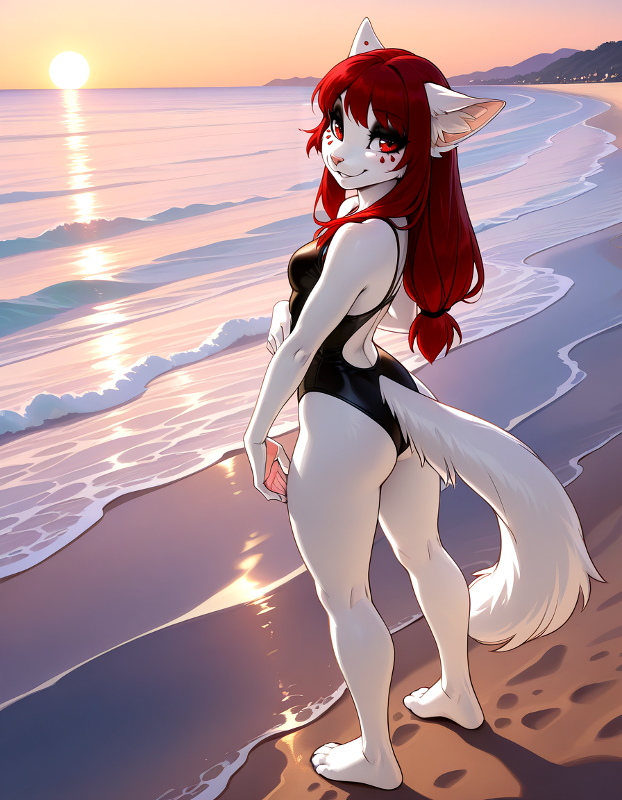 masterpiece, best quality,
outdoors, beach, 
standing, posing,
swimsuit, 
full body, seductive smile, parted lips, long eyelashes,
<lora:Seelena_Zorn_v01_ILXL:1>,
Seelena,1girl,solo,furry female,cat girl,cat ears,animal ear fluff,long hair,bangs,red hair,red eyes,snout,animal nose,facial mark,body fur,white fur,cat tail,