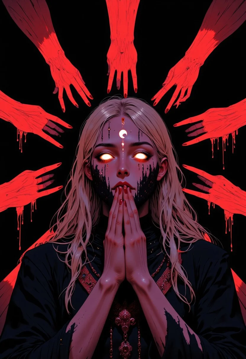 weibo, drawing, illustration retro 90's, black, red, purple, Hans Ruedi Giger, A dark, surreal illustration captured from a low-angle, close-up face perspective, emphasizing the terrifying features of a surreal and mystical portrait of a woman with long, flowing platinum blonde hair. Her eyes are closed in deep concentration as she holds her hands near her face in a gesture of invocation. A glowing white crescent moon symbol is painted on her forehead, adding an ethereal touch. Behind her, six red hands radiate outward in a symmetrical halo-like pattern, creating a striking visual contrast against the pitch-black background. The hands appear ghostly yet bold, as if floating in an otherworldly space. The lighting softly illuminates her face and hair, while the vivid red hands seem to glow with a subtle, eerie intensity, enhancing the dramatic and enigmatic atmosphere of the scene. This composition blends horror and surrealism, with sharp, anime-inspired details capturing a nightmarish and oppressive atmosphere. featured on pixiv, surreal_horror, closeup_face, low_angle, glowing_eyes, dripping_black_fluid, nightmare_aesthetic, anime_style, ominous_mood, chaotic_detail, menacing_perspective, mystical_portrait, surreal_woman, platinum_blonde_hair, crescent_moon_symbol, surreal_halo, red_hands, black_background, glowing_hands, invocation_pose, ethereal_aura, symmetrical_pattern, surrealism, mystical_energy, high_contrast_art. A digital artwork in the style of bladerunner.