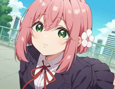 score_9, score_8_up, score_7_up, source_anime,
hakarihanazono, <lora:hakari-hanazono-s1-ponyxl-lora-nochekaiser:1>,
hakari hanazono, short hair, hair ornament, green eyes, pink hair, flower, hair flower, hair between eyes, sidelocks,
skirt, shirt, ribbon, school uniform, blazer, white shirt, pleated skirt, collared shirt, black skirt, red ribbon, neck ribbon,
outdoors, cityscape, bent over,
looking at viewer, dutch angle, cowboy shot,