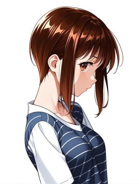 masterpiece,best quality,newest,
1girl,solo,
<lora:k_miu_ilxl_v1.1:1>,miu,short hair,brown hair,brown eyes,m_clothes,striped shirt,medium breasts,
<lora:Fixhands_anime_bdsqlsz_V1:1>,looking_at_viewer,simple_background,white_background,profile,upper_body,