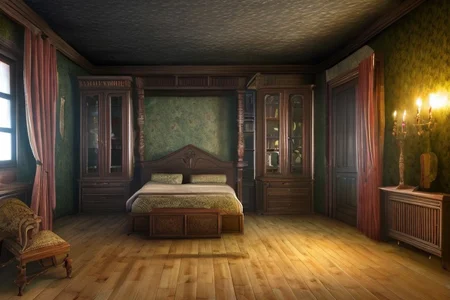 RAW photo, (masterpiece:1.3), subsurface scattering, heavy shadow, (high quality:1.4), (intricate, high detail:1.2), professional photography, HDR, High Dynamic Range, realistic, ultra realistic, photorealistic, high resolution, film photography, ambient lighting, atmospheric effects, <lora:detail_slider_v4:2>, OverallDetail, <lora:HauntedHouse:1>, bed, book, bookshelf, box, candlestand, cup, curtains, dark, door, hauntedhouse, indoors, no humans, scenery, silk, table, window, wooden floor