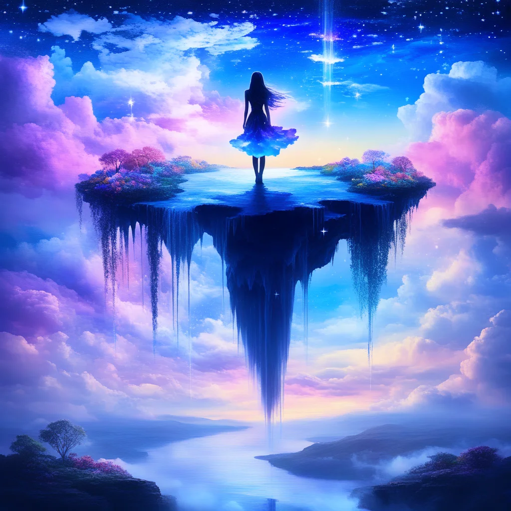 ArsMJStyle, Surreal Dreamscape, The image shows a lone figure standing on a floating island in the sky, surrounded by giant, vibrant flowers and cascading waterfalls that fall into the clouds below. The sky is a deep twilight blue with stars that shimmer like jewels, and the figure's hair is blowing in the wind as they look out over the surreal landscape., 1girl, solo, long hair, floating island, waterfall, sky, twilight, stars, surreal, fantasy, wind, blue, vibrant, dreamlike, clouds, looking into distance