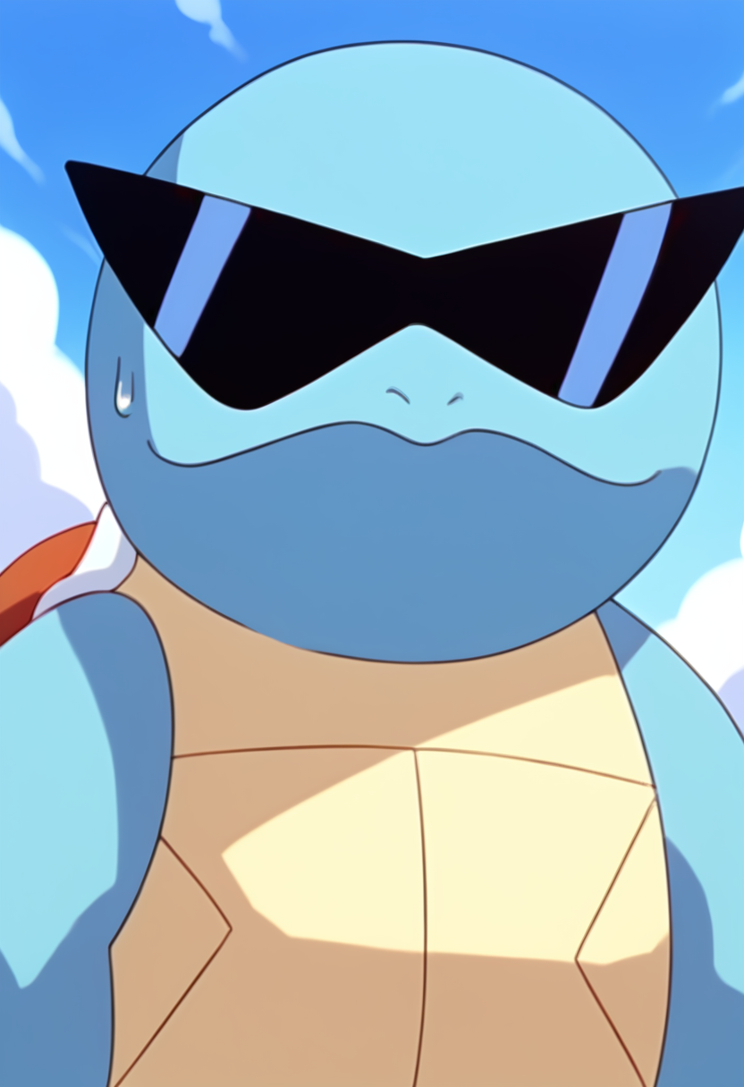 (score_9:0.9),score_8_up,score_7_up,anime style,rating_safe,(zPDXL),<lora:Squirtle ponyXL v3:1>,squirtle0007, solo, sky, sunglasses, sweatdrop, day, cloud, closed mouth, blue sky, parody, outdoors, frown, upper body