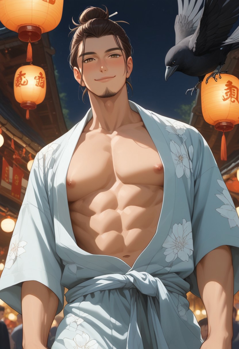 score_9, score_8_up, score_7_up, source_anime, rating_explicit, crow, pecs, Asaikyu, man bun hair, 1boy, male focus, [[[anime screencap]]], nipples, yukata, closed mouth, smile, head tilt, blushing, blurry outdoor lantern festival, food stalls, warm bokeh, realistic lighting, Expressiveh, from below, hands with five fingers,