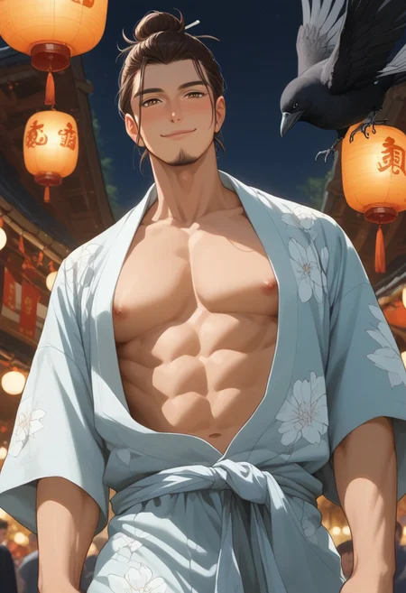 score_9, score_8_up, score_7_up, source_anime, rating_explicit, crow, pecs, Asaikyu, man bun hair, 1boy, male focus, [[[anime screencap]]], nipples, yukata, closed mouth, smile, head tilt, blushing, blurry outdoor lantern festival, food stalls, warm bokeh, realistic lighting, Expressiveh, from below, hands with five fingers,