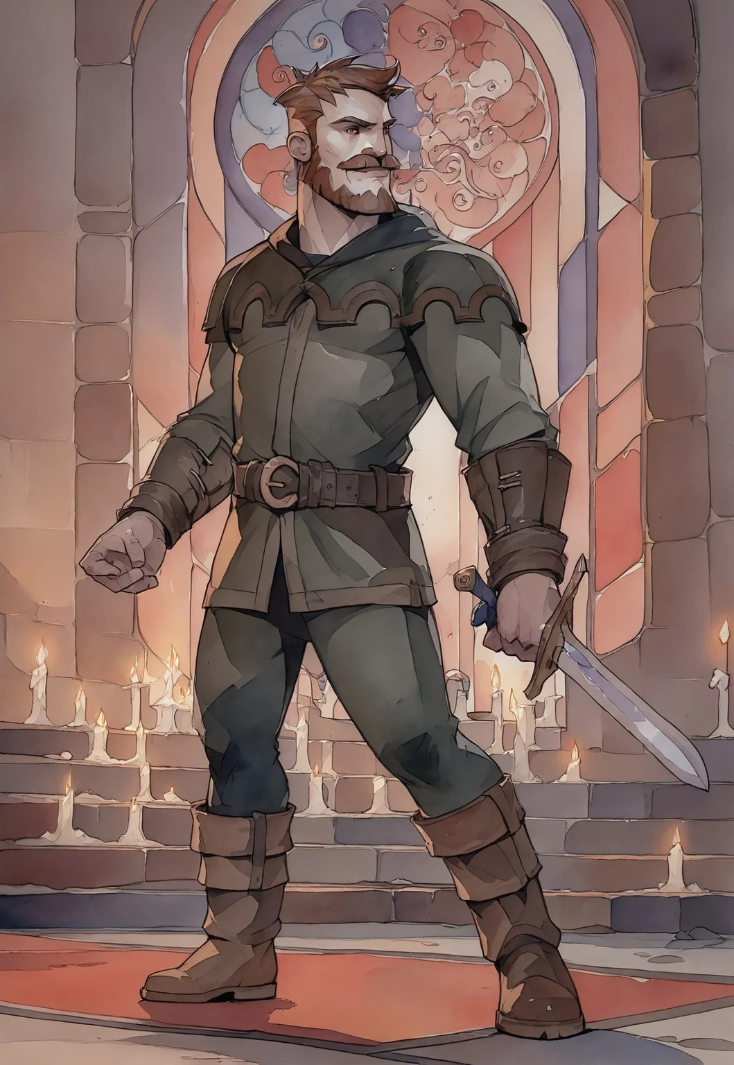 score_9, score_8_up, Persival, mustache, facial hair, brown eyes, cotehardie, full body, dynamic pose, holding a dagger, muscular, (tomb, candles), small stained glass, watercolor \(medium\), traditional media, looking ahead,, smirk, smile, belt, pants, boots,