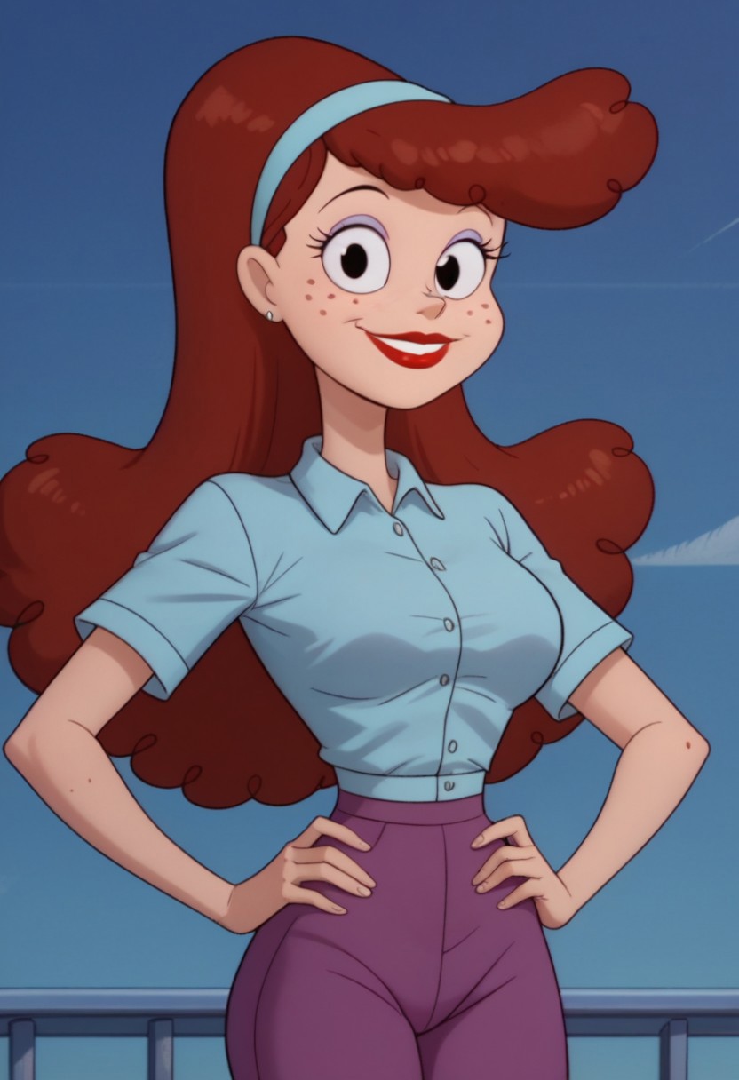 ((bedroom background)),score_9, score_8_up, score_7_up,score_6_up, 
1girl, Solo, Linda_CaC, light skin, black eyes, dark red hair, long wavy hair, freckles, light violet eyeshadow, red lips, light blue headband, light blue short sleeve shirt, purple skinny pants, flat red shoes, big eyes, tall stature, social smile, sexy face, close-up, cowboyshot, perfect eyes, perfect smile, looking at the viewer, big breasts, detailed eyes, perfect eyes, very close-up, cute, standing, head on, hands on hips, front pose