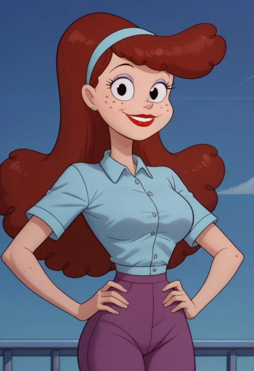 ((bedroom background)),score_9, score_8_up, score_7_up,score_6_up,
1girl, Solo, Linda_CaC, light skin, black eyes, dark red hair, long wavy hair, freckles, light violet eyeshadow, red lips, light blue headband, light blue short sleeve shirt, purple skinny pants, flat red shoes, big eyes, tall stature, social smile, sexy face, close-up, cowboyshot, perfect eyes, perfect smile, looking at the viewer, big breasts, detailed eyes, perfect eyes, very close-up, cute, standing, head on, hands on hips, front pose