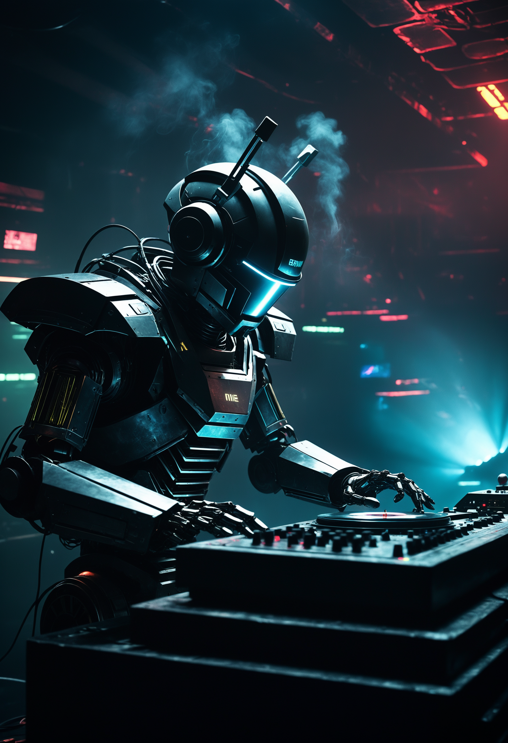cybernetic robot retrofuturism style dark and dimly lit underground nightclub, grunge-style android DJ, (spinning pulsating synthesizers, laying down heavy basslines, turntable scratching, composer,) dramatic lighting from stage spotlights, smoke, stage background, (style of Melvyn Grant, Henry Richard Van Dongen, Franco Brambilla),  <lora:zavy-cntrst-sdxl:1.0>. android, AI, machine, metal, wires, tech, futuristic, highly detailed,