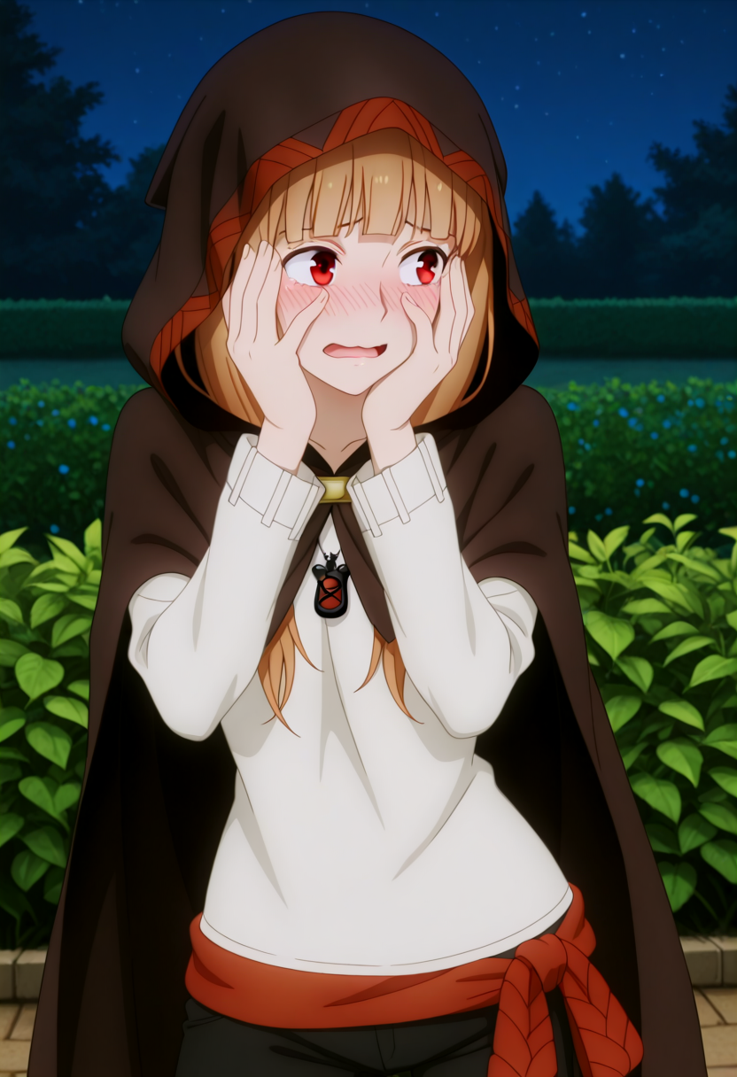 holooutfit3_cloaked, 1girl, long brown hair, bangs, red eyes, fox ears, medium breast, | on top hooded cloak, short cape, red patterned trim, clasp, white shirt, long sleeves, loose shirt, black long pants, cropped pants, necklace, pendant, red braided sash, 
 <lora:Holo_IL:1>,
 (Character), score_9, score_8_up, score_7_up, source anime, BREAK, cowboy shot, blushing, embarrassed, shy, looking away, hands near face, flustered, cute expression, garden background, night.