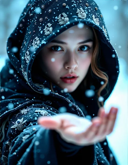 An over-the-shoulder shot focusing on her face, with the hood partially obscuring her features, adding a sense of mystery and intrigue.
Photorealistic close-up of a mysterious woman in a dark, snow-dusted cloak, her pale skin and pink lips standing out against the cold, wintry background, with her eyes reflecting the soft light of the snow-covered landscape
Intricate embroidery on the cloak, with subtle glimmers of silver thread catching the light, enhancing the luxurious texture.A faint, mystical fog rolling in from the background, partially obscuring the scene and adding a sense of mystery.Intricately designed metallic accents on her clothing, reflecting the light subtly and adding a regal, sophisticated touch.
The woman extends one hand outwards, palm up as if catching snowflakes, her eyes gently following the falling snow, with a soft smile on her lips.
cinematic lighting, extremely intricate detail character, accurate depiction of character, correct body anatomy, correct hands and fingers, extremely intricate skin and facial skin texture detail, lifelike potrayal, extremely realistic lighting, extreme dynamic pose. Extremely sharp detail without blurring
