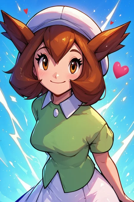 score_9, score_8_up, score_8, medium breasts, (curvy), cute, eyelashes, BREAK, , zzBianca, brown hair, brown eyes, medium hair, hair between eyes, short sleeves, green shirt, collared shirt, white hat, skirt, white skirt, <lora:Bianca_PokemonHeroes_PDXL_v2:0.7>,, BREAK, embedding:zPDXL, Expressiveh, <lora:EnergyCAT:1.0>, solo, smile, looking at viewer, aura, blue sky, <lora:SDXLFaeTastic2400:0.5>, <lora:Expressive_H-000001:0.4>,