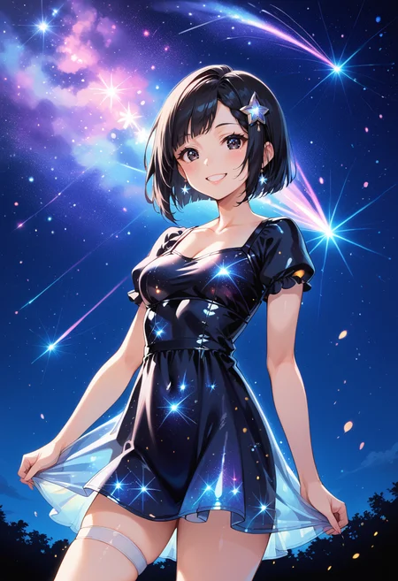 (score_9, score_8_up, score_7_up, masterpiece,source_anime, best quality, perfect anatomy, very aesthetic, ((outlined outlined vector graphics)), source_anime,
1girl,20yo, black hair, black eyes, short bob hair, hair pin,small breast, slender,(white thigh strap:1.1),(black clohtes:1.1),, outdoors, blush, cowboy shot, galaxy, gradient sky, glittering, glimmering, glowing , aetherical, looking at viewer, milky way,starry night, night, night sky, shooting star, sky, skyline, smile, solo, star \(sky\), star \(symbol\), starry background, starry sky, starry sky print,starrynightdress, starry night dress, black dress,,( short sleeve dress:1.2),smile,
<lora:starry-night-dress-02:0.9>