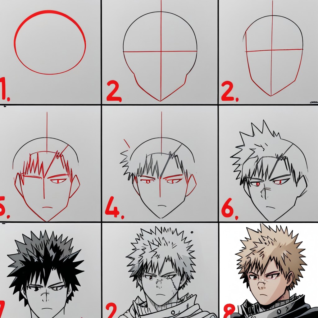 score_9, bakugou katsuki, portrait, close-up, collarbone,  howtodraw, 6 steps <lora:How_to_draw_step_by_step_2:1> ,Colored final box, Photo in final box, Stick drawing method, Red colored added line, Guts_Armor, brown eyes, short hair, multicolored hair, spiked hair, black armor, shoulder armor, gauntlets, greaves, bandaged arm, black cape, torn cape, scar on nose, one eye closed, muscular male