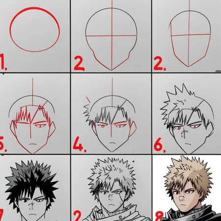 score_9, bakugou katsuki, portrait, close-up, collarbone, howtodraw, 6 steps <lora:How_to_draw_step_by_step_2:1> ,Colored final box, Photo in final box, Stick drawing method, Red colored added line, Guts_Armor, brown eyes, short hair, multicolored hair, spiked hair, black armor, shoulder armor, gauntlets, greaves, bandaged arm, black cape, torn cape, scar on nose, one eye closed, muscular male