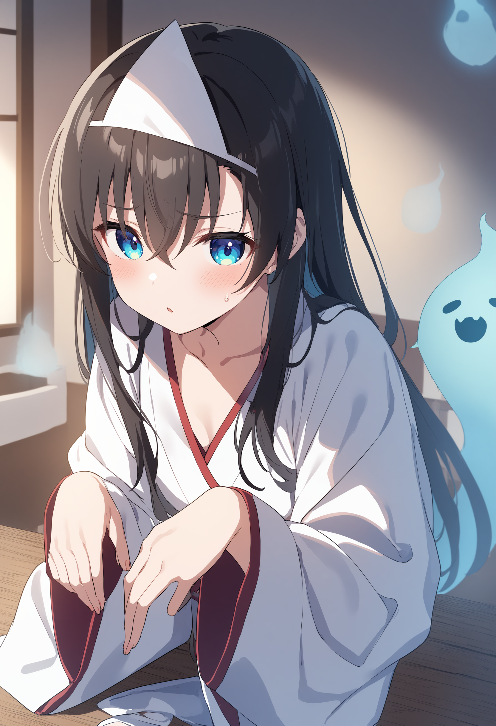 1girl,sincos, ningen mame, toosaka asagi,solo,medium breasts,
triangular headpiece, shiroshouzoku, hitodama, ghost pose,<lora:triangularheadpiece_XL_v1:0.9>
ghost,  white japanese clothes, long sleeves,  wide sleeves,ghost tail
best quality, very aesthetic, absurdres