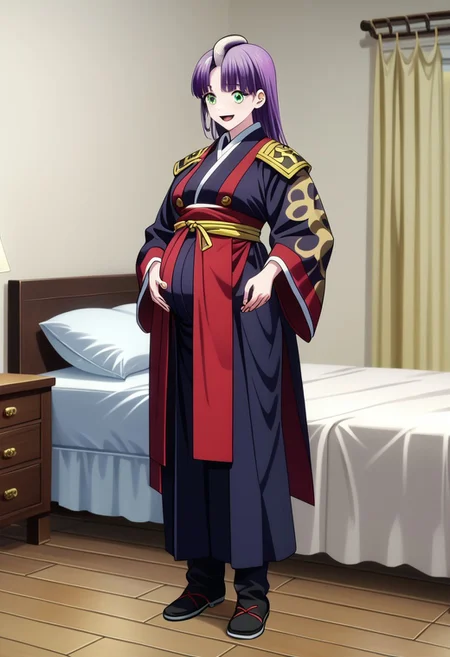 score_9, score_8_up, score_7_up, best quality, masterpiece, 4k, perfect lighting, very aesthetic, anime, anime coloring, official art, anime screencap,
OverallDetail, fFaceDetai,
bedroom, happy, smile, huge pregnant belly,  indoors,bed,
 <lora:Chained_Soldier:1>, Shikoku, black and purple hair, snake hair, 1girl, solo girl, full body,