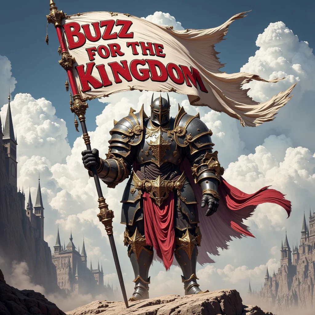 A great knight holding a banner saying "Buzz for the Kingdom" , Medieval Landscape, FredFraiStyle