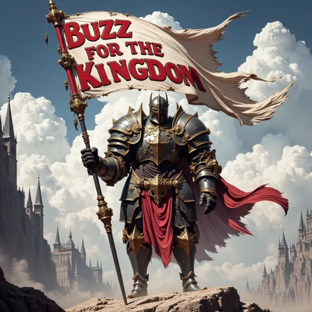 A great knight holding a banner saying "Buzz for the Kingdom" , Medieval Landscape, FredFraiStyle