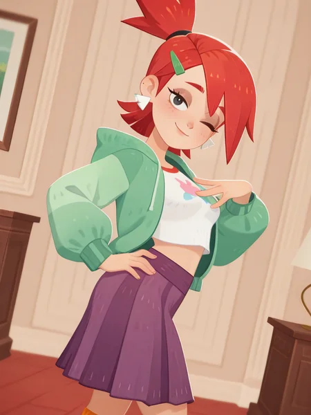 highres, hi res, best quality, masterpiece, AFKstyle, 3d,
1girl, (FrankieFosterSC),, red hair, smile, black eyes, hairclip, ponytail, midriff, sneakers, purple skirt, orange socks, earrings, white crop top, jewelry, green hoodie, hood, open hoodie,
light smile, dutch angle, naughty pose, looking at viewer, indoors, elegant room, solo, dynamic pose, cowboy shot, head tilt, one hand on chest, one hand on hips, one eye closed, from side,
<lora:FrankieXL:0.8> <lora:AAFKjourneyXL_style:1>