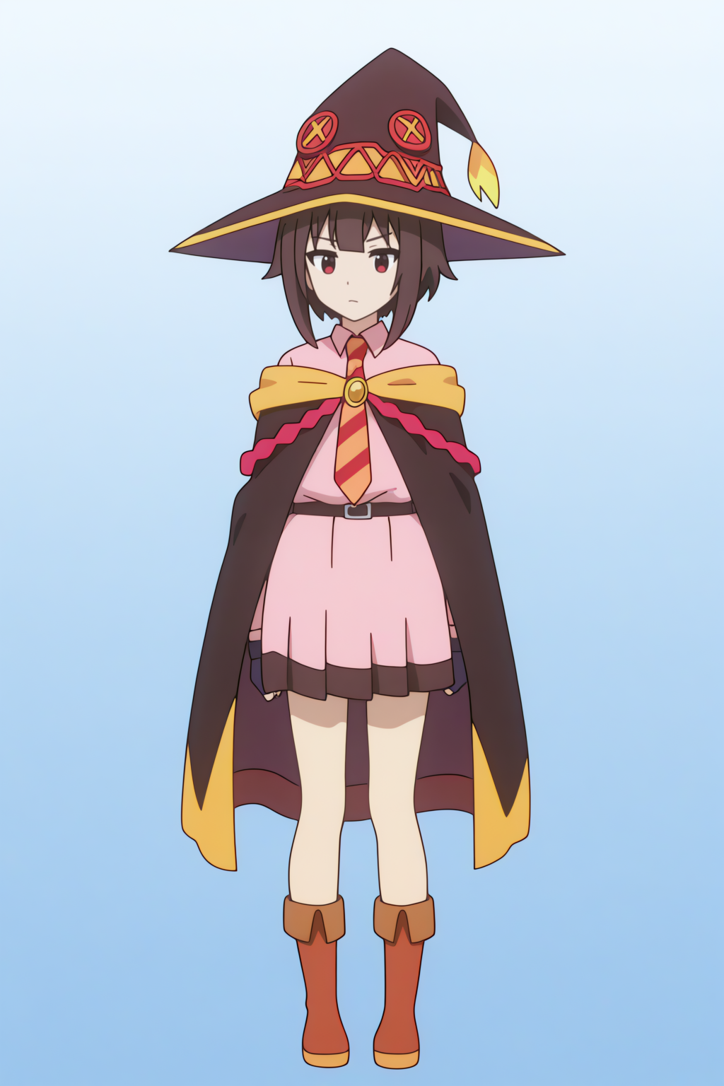 full body,  Megumin, black belt, black cape, black cloak, black gloves, black headwear, cloak, pink dress, school uniform, striped necktie, witch hat, brown footwear  <lora:Konosuba_Bakuen_-_Megumin_-_illustrious:0.8>
