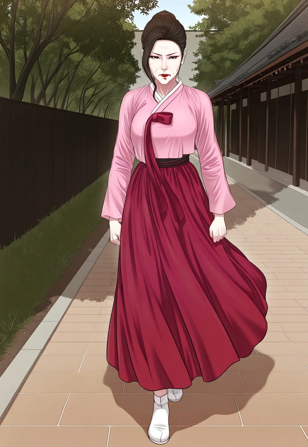 score_9, score_8, score_7_up, score_6_up, score_5_up, 1girl, solo, ja-young lee, old woman, gilf, pale skin, brown hair, red lips, large breasts, saggy_breasts, lipstick, makeup, wrinkles, face with wrinkles, single_hair_bun, hair bun, black eyes, pink hanbok, floral print hanbok, long pink skirt, floral print skirt, brown hair, long sleeves, red lips, large breasts, lipstick, makeup, skirt, single_hair_bun, hair bun, black eyes, serious, walking, looking_at_viewer, (((full body))), ((dynamic pose)), outdoors, in the afternoon, (((detailed_background))), perfect anatomy, best quality, (highly detailed), very aesthetic, masterpiece