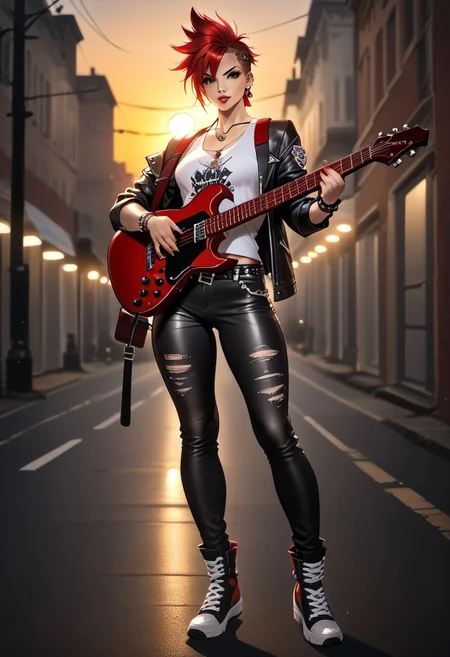 score_9, score_8_up, score_7_up, Full Body Shot, A punk girl, playing an red guitar, high atop the rooftops, sunset, golden hour lighting, 4n1v3rs3, depth of field, dynamic angle, fashion photography, sharp, hyperdetailed:1.15
https://civitai.com/images/49477434
