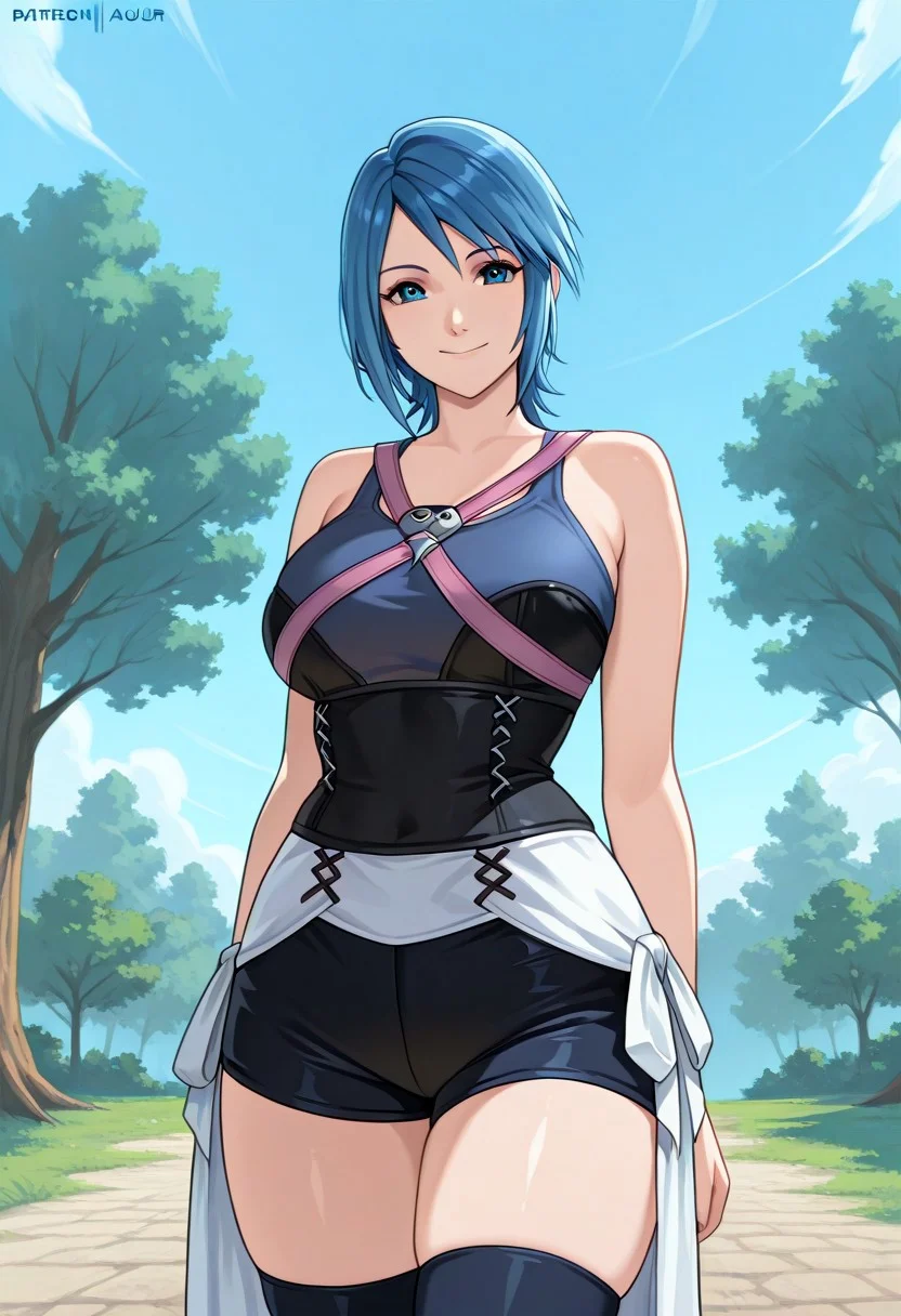 solo, 1girl, best quality, masterpiece, absurdres, aquakh, shorts, tank top, cowboy shot, thighhighs, looking at viewer, smile, curvy, large breasts, sky, tree, outdoors,