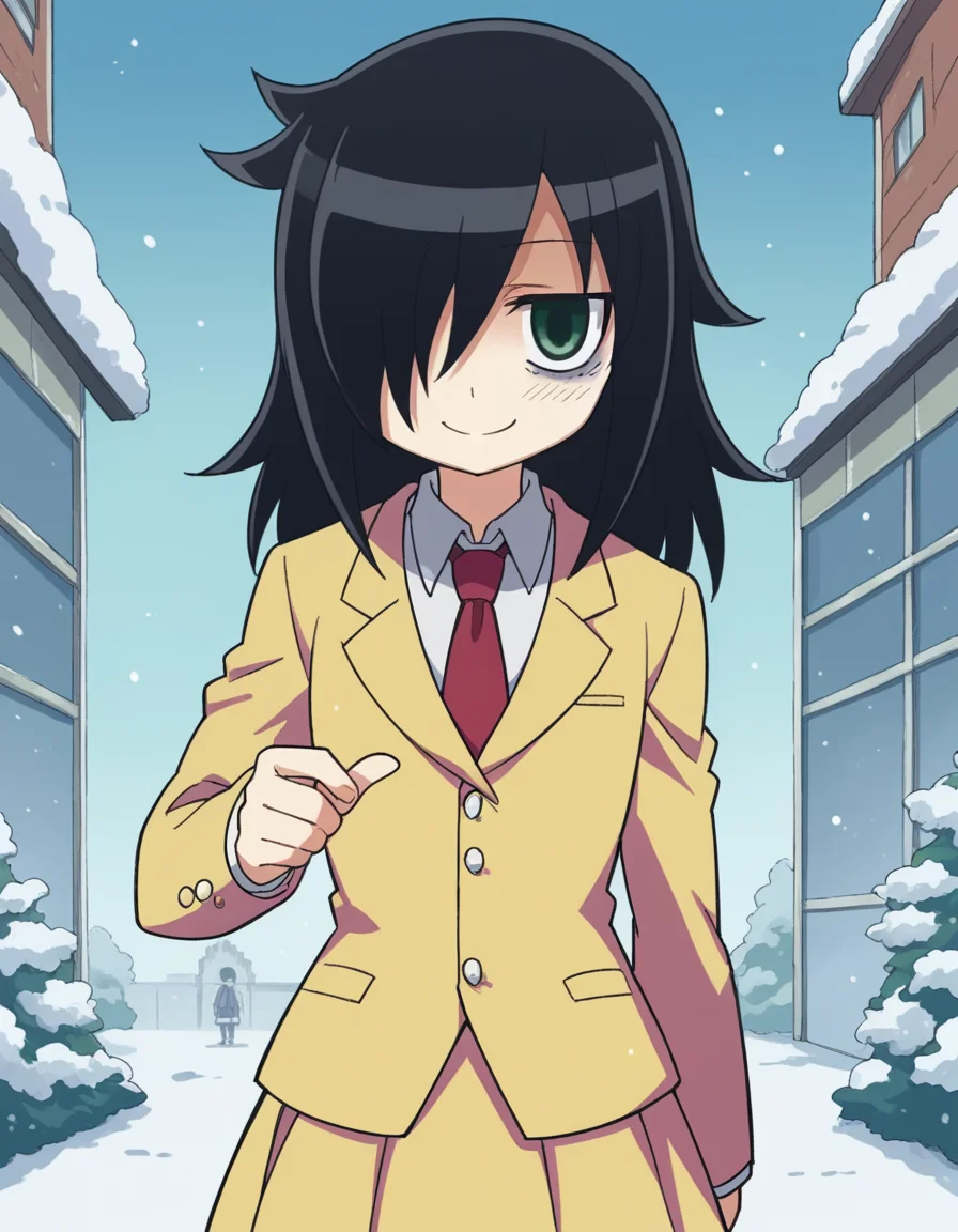 score_9, score_8_up, score_7_up, source_anime, <lora:tomoko-kuroki-s1-ponyxl-lora-nochekaiser:1>, tomoko kuroki, long hair, black hair, green eyes, hair over one eye, bags under eyes,, skirt, school uniform, necktie, blazer,, skating rink, ice, people, winter, fun, smile, smile, looking at viewer, solo,, dutch angle, cowboy shot