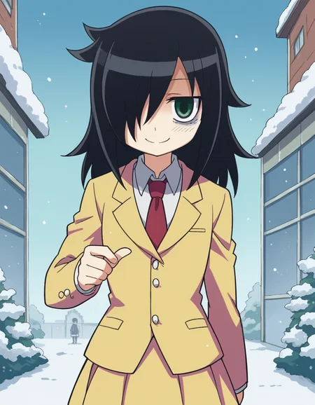 score_9, score_8_up, score_7_up, source_anime, <lora:tomoko-kuroki-s1-ponyxl-lora-nochekaiser:1>, tomoko kuroki, long hair, black hair, green eyes, hair over one eye, bags under eyes,, skirt, school uniform, necktie, blazer,, skating rink, ice, people, winter, fun, smile, smile, looking at viewer, solo,, dutch angle, cowboy shot