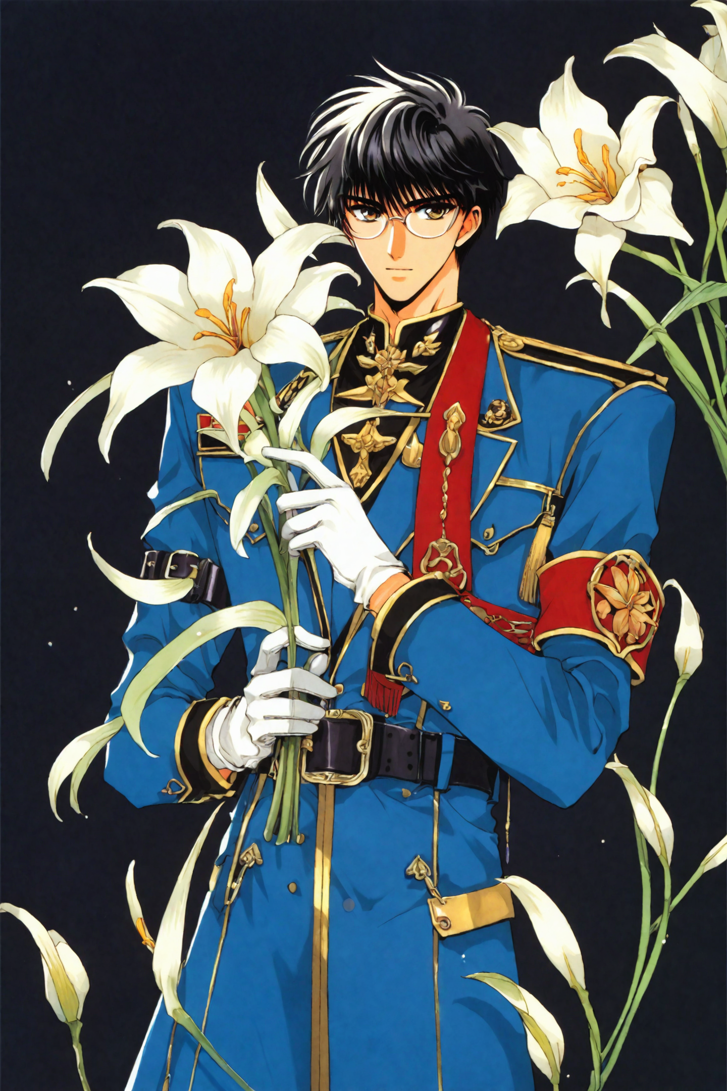 score_9,score_8_up,score_7_up,masterpiece,best quality,
Tokyo Babylon,
Seishiro Sakurazuka,solo,1boy,male focus,flower,gloves,black hair,uniform,white flower,white gloves,holding,glasses,belt,holding flower,standing,long sleeves,pillarboxed,blue background,military,armband,military uniform,bangs,looking at viewer,lily (flower),coat,short hair,black background,blue coat,feet out of frame,
<lora:CLAMP_XL_PONY:0.8>,