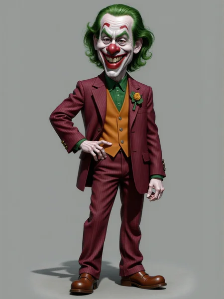 full-body caricature of an animated joker on a grey limbo background <lora:3d_caricature_Strong:0.9>