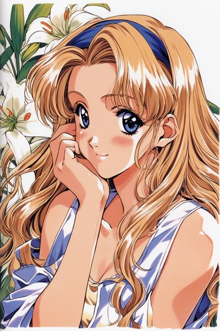 Akira Endou,1girl,solo,long hair,blue eyes,blonde hair,wavy hair,flower,blush,hairband,hand on own face,shirt,smile,lily \(flower\),bare shoulders,1990s \(style\),retro artstyle,<lora:Mizutani Tooru_XL:0.8>,