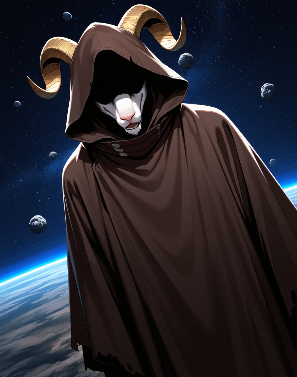 <lora:Moro_Hooded_Form_(Dragonball_Z)_(Illustrious)_(AD):1.35> Moro, hooded cloak, goat, 
((
dutch angle, exterior, outer space, asteroid field, 
male focus, gradient coloring, solo, cowboy shot, soft shading, old, aged up, dark picture, tattered brown cloak, evil villain, large hood covering entire head and face, goat mouth, 
):1.5), 
BREAK very awe, aesthetically pleasing, masterpiece, best quality, amazing quality, very aesthetic, perfect depth of field shot, in'ei, furry_art, source_furry, source_anime,
EZRealPONYXL, zPDXL, Smooth Quality, lazympos, IllustQualXL_Pos,